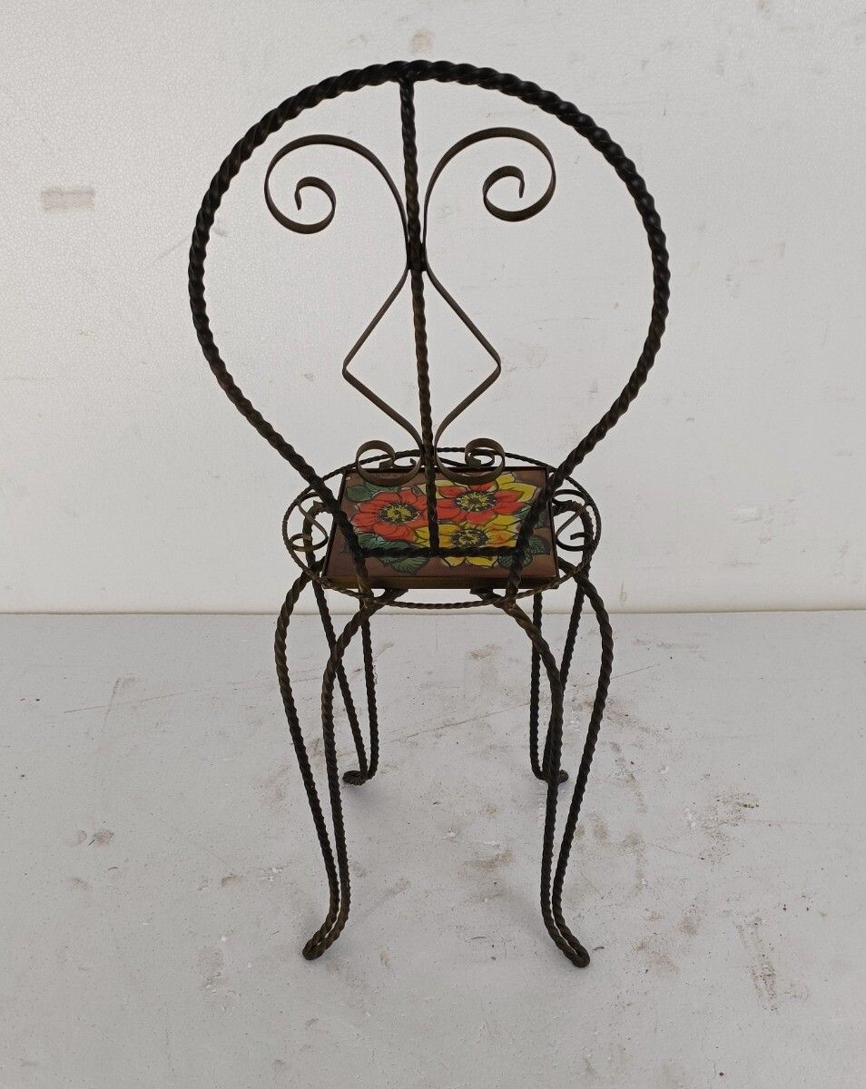 Side  Table Plant Stand Ceramic Tile Vallauris  Wrought Iron Legs Lovely Vintage photo vintage