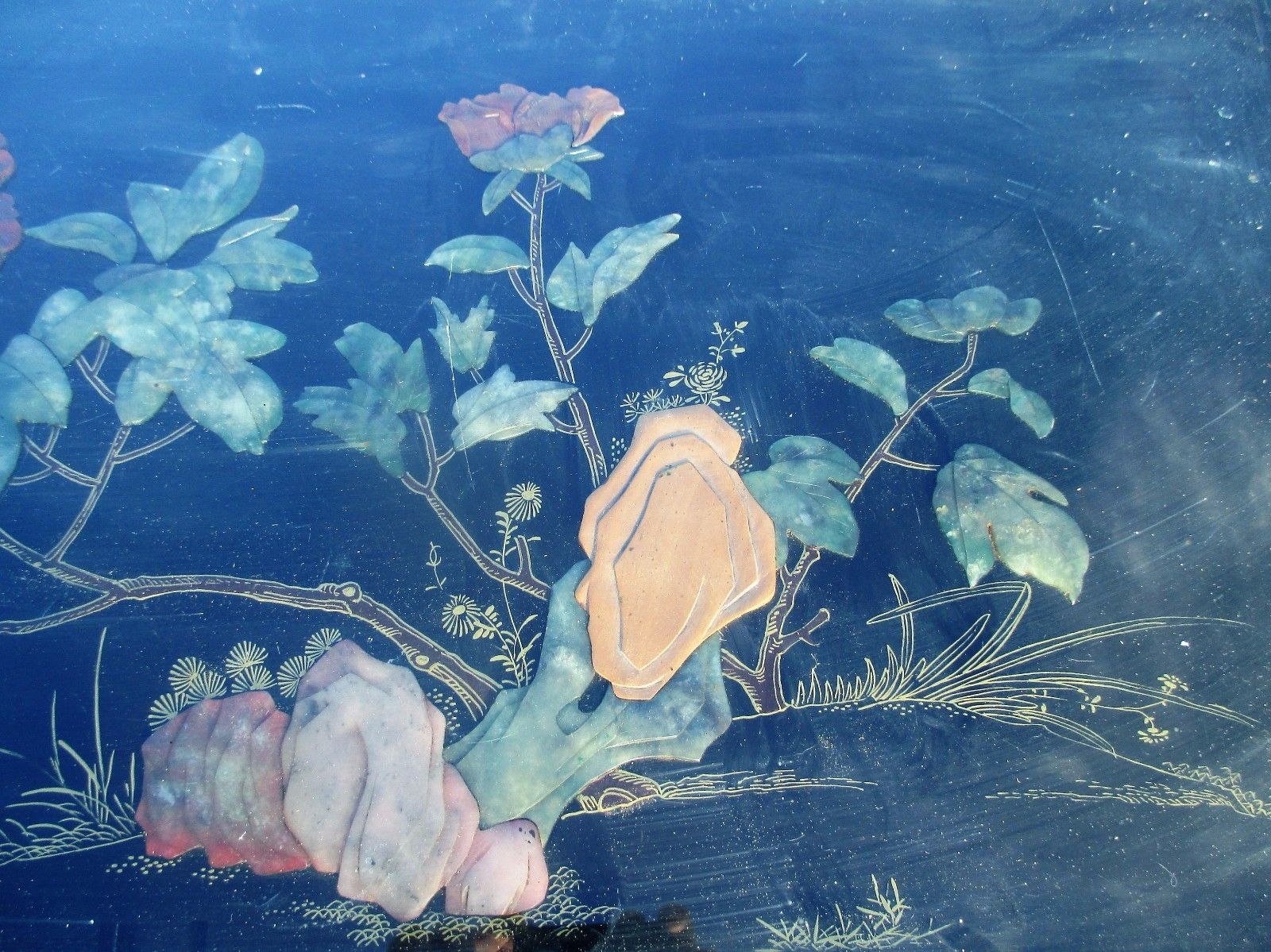 Antique 19th Century Chinese Coffee Table Inlay Jade Landscape Scene Stunning photo buy
