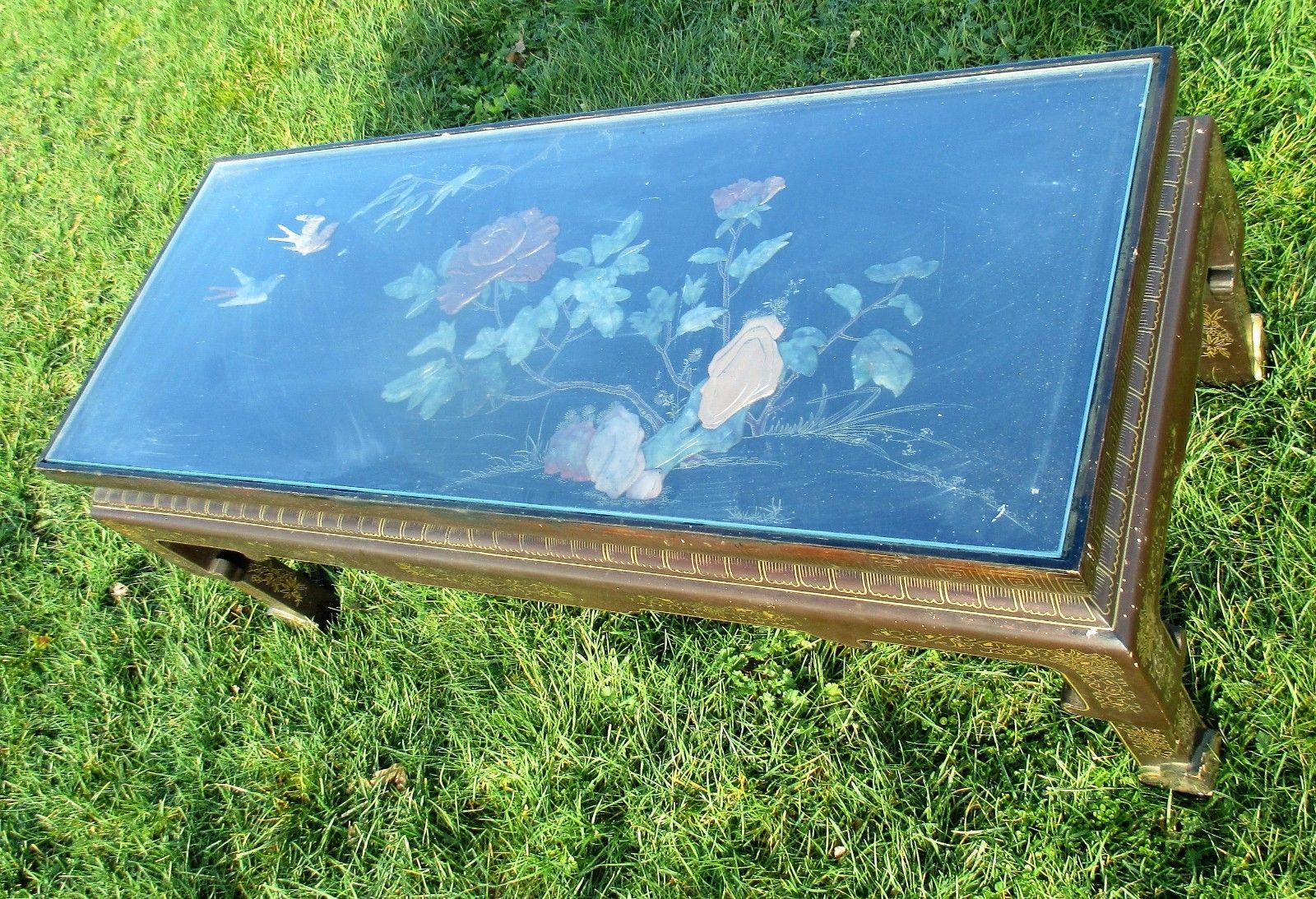 567.0 Antique 19th Century Chinese Coffee Table Inlay Jade Landscape Scene Stunning photo