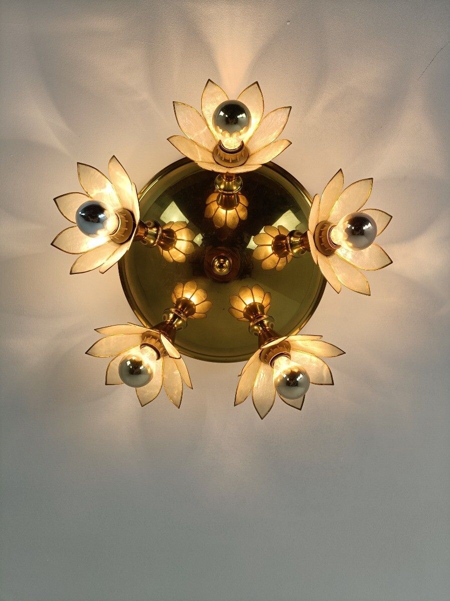 Plafonière Fixture Lamp Flushmount Brass Mother Of Pearl Vintage Gorgeous photo for sale