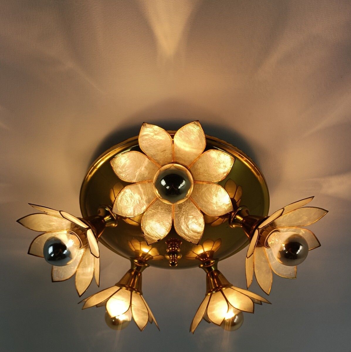 Plafonière Fixture Lamp Flushmount Brass Mother Of Pearl Vintage Gorgeous photo Lighting