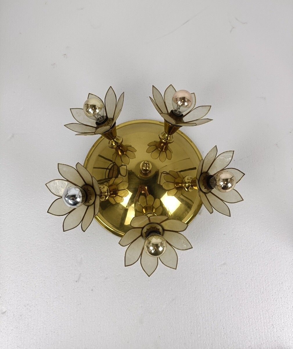 Plafonière Fixture Lamp Flushmount Brass Mother Of Pearl Vintage Gorgeous photo buy
