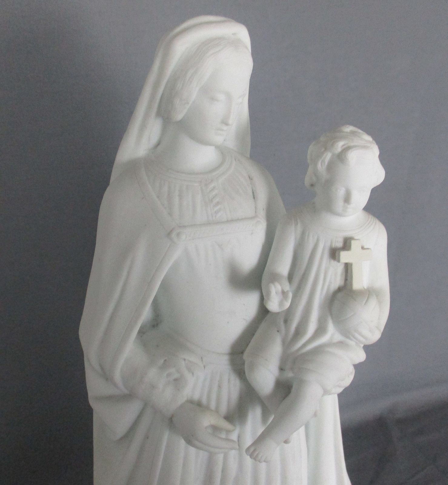 Antique 1900 Bisque Statue Virgin Mary Our Lady Madonna Infant Jesus Marked 14 photo furniture