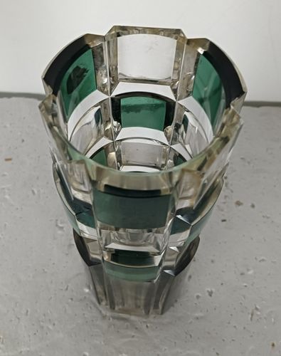 Val St Lambert Marked  Etched Glass Crystal Clear Green  Vase Vintage  Belgium photo vintage