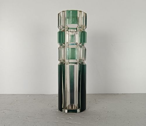 photo furniture Val St Lambert Marked  Etched Glass Crystal Clear Green  Vase Vintage  Belgium