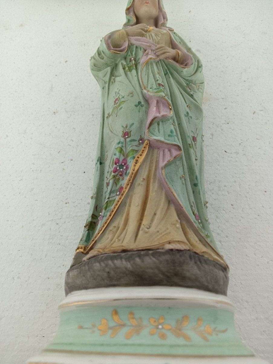 Art Antique Bisque Statue Virgin Mary Lady Madonna With Infant Jesus Gorgeous  Polyc photo