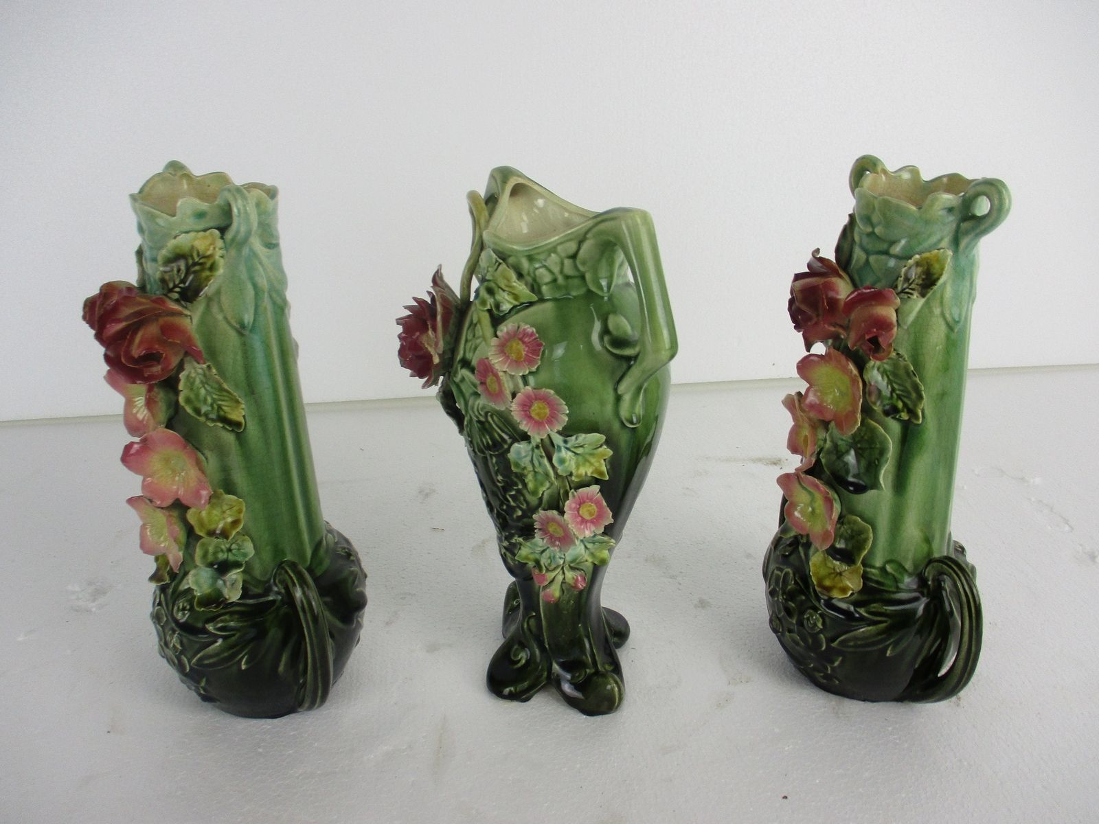 Set Of 3 French Barbotine Majolica Vases Planters Centerpiece Pitchers Art Nouve photo 385.0