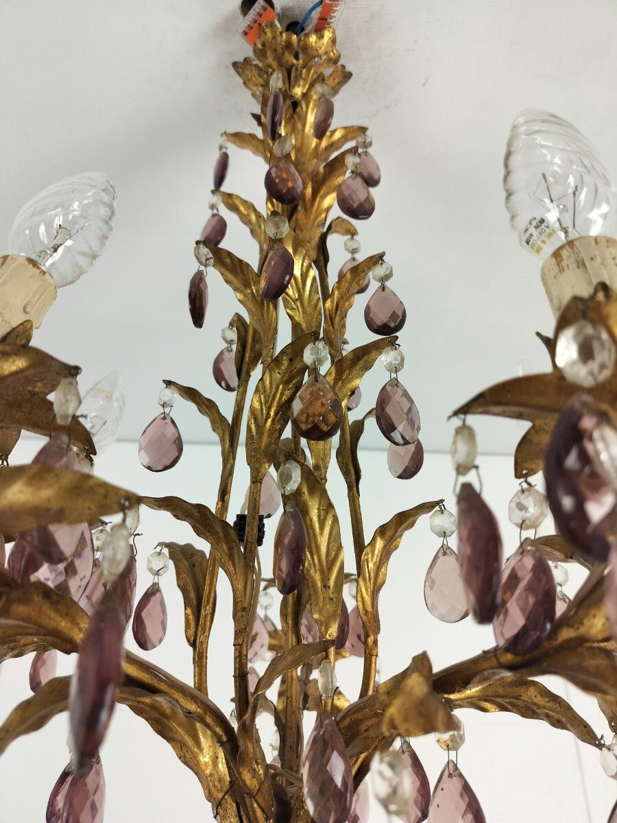 photo furniture Gold Gilded Florentine Italian Hollywood Regency Chandelier Ambered  Crystals 5