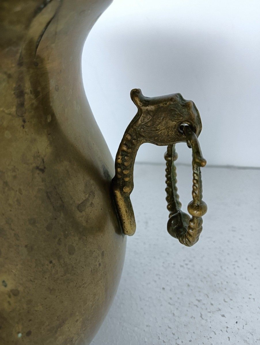 Gothic  Planter Cachepot Vintage Brass Kettle Decorative Dragon Handles Hammered photo for sale