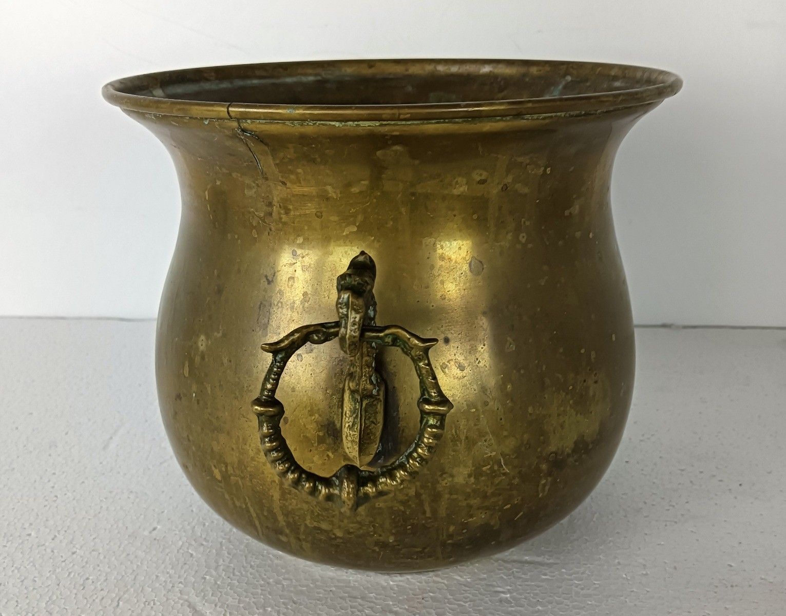 Gothic  Planter Cachepot Vintage Brass Kettle Decorative Dragon Handles Hammered photo 101.0