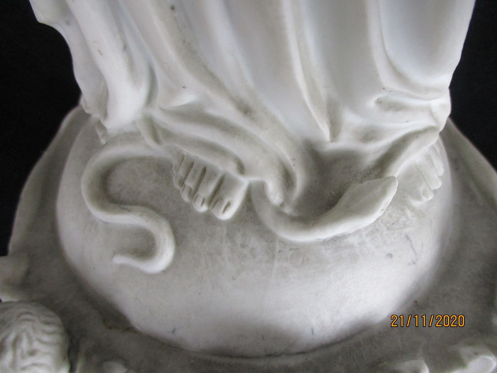 French Antique 1900 Bisque Statue Virgin Mary Our Lady Infant Flower Wreath Crow photo vintage