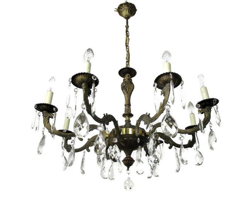 8 Arm Lights Chandelier Revival Hollywood Regency Style Brass Ornate Prisms