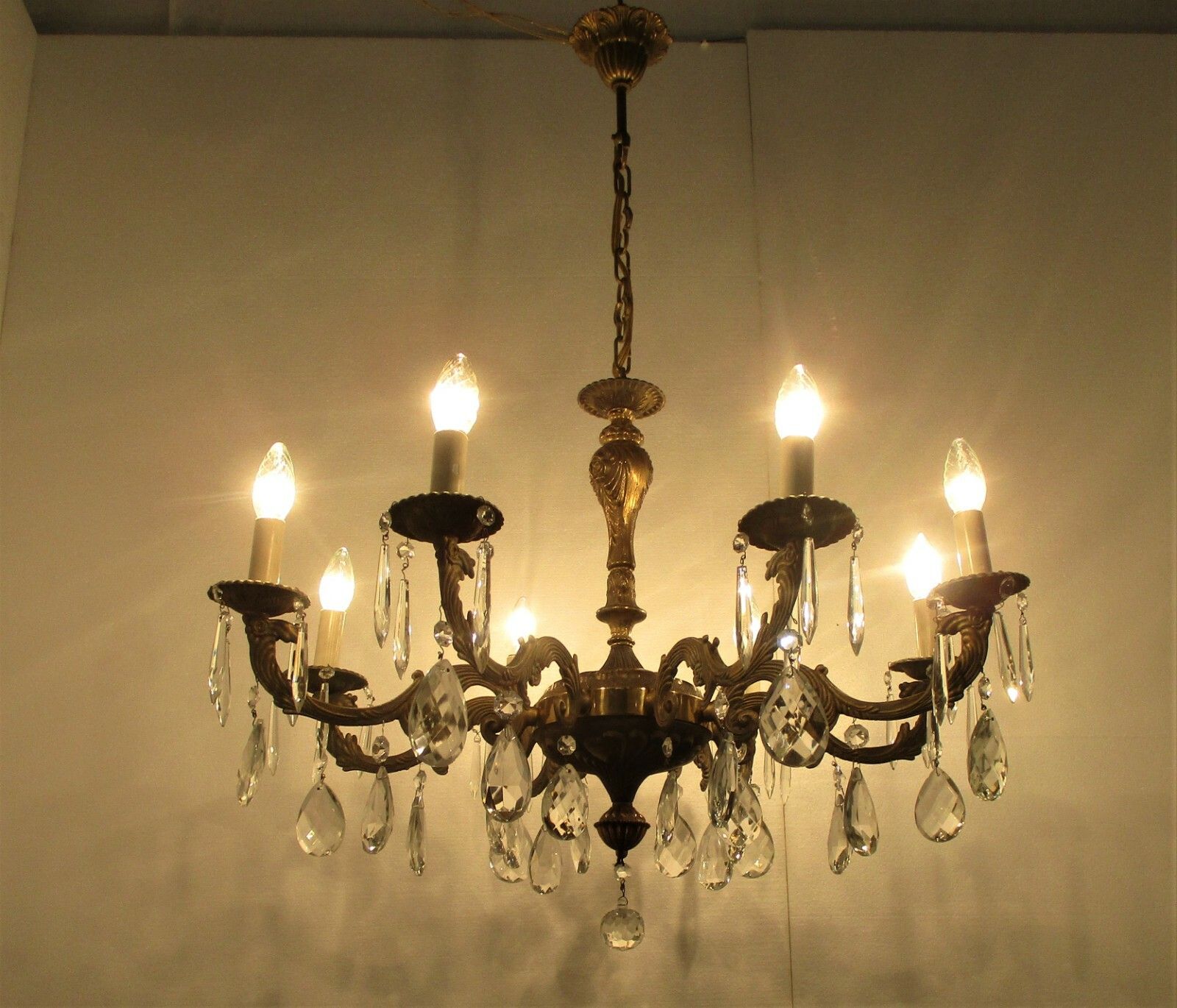 8 Arm Lights Chandelier Revival Hollywood Regency Style Brass Ornate Prisms photo for sale