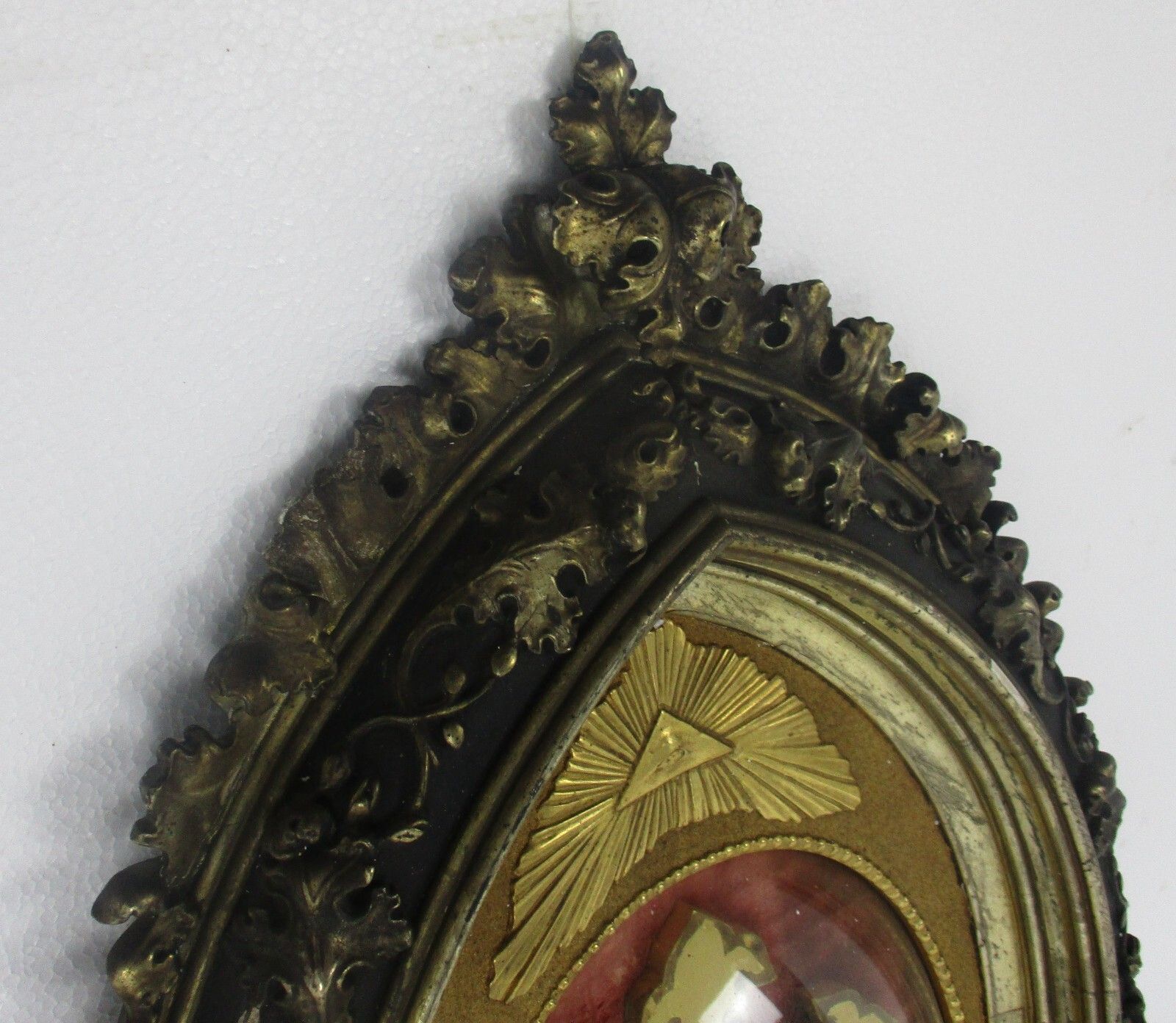 Antique Ornate Frame  Convex Glass Dome Crucifixion Lamb Of God Plaster Wood Wow photo furniture