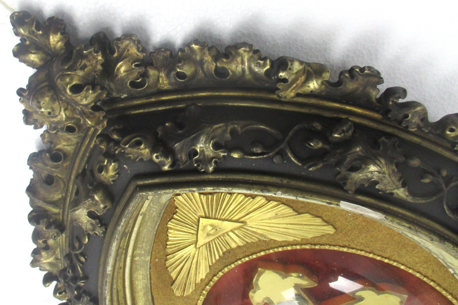 Antique Ornate Frame  Convex Glass Dome Crucifixion Lamb Of God Plaster Wood Wow photo for sale