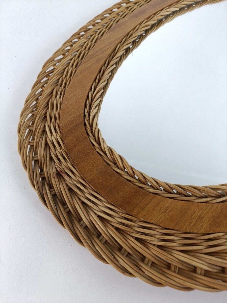 Vintage Mirror Rattan Teak  Frame French Modernist Scandinavian Japandi Style photo vinterior