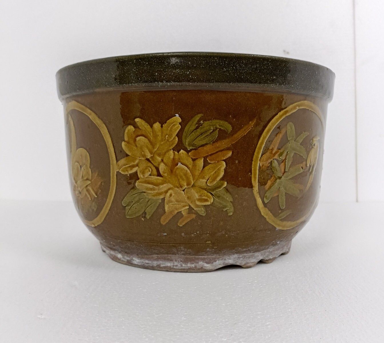 Xl Planter Cache Pot French Pottery Faience Hunter Scenes Deer Bird Gorgeous photo for sale