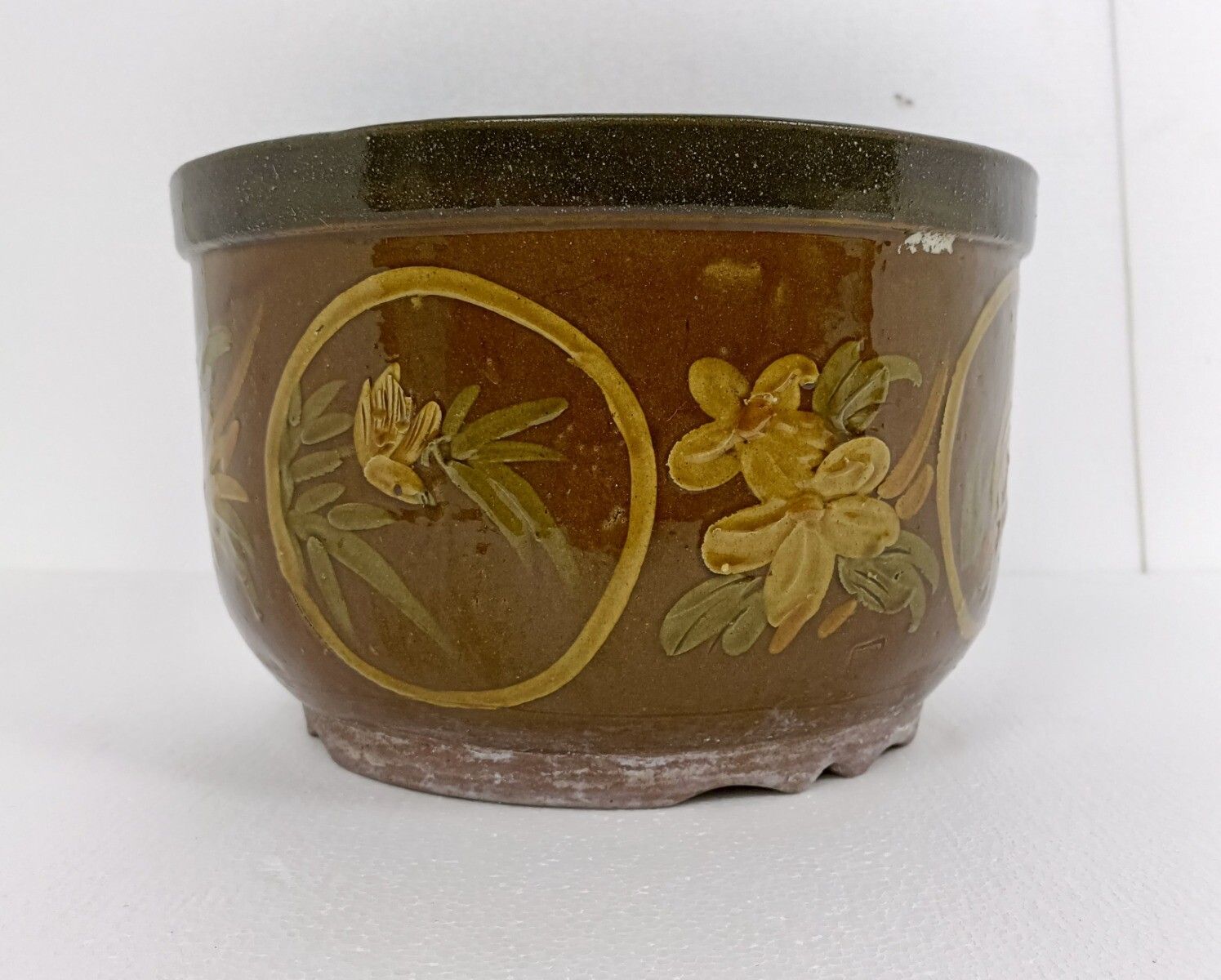 Xl Planter Cache Pot French Pottery Faience Hunter Scenes Deer Bird Gorgeous photo 194.0