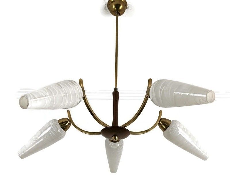 Vintage Spider Retro Chandelier Teak Glass Brass 5 Lights Glass Shades Funky