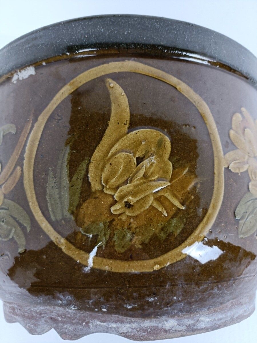 photo for sale Xl Planter Cache Pot French Pottery Faience Hunter Scenes Deer Bird Gorgeous