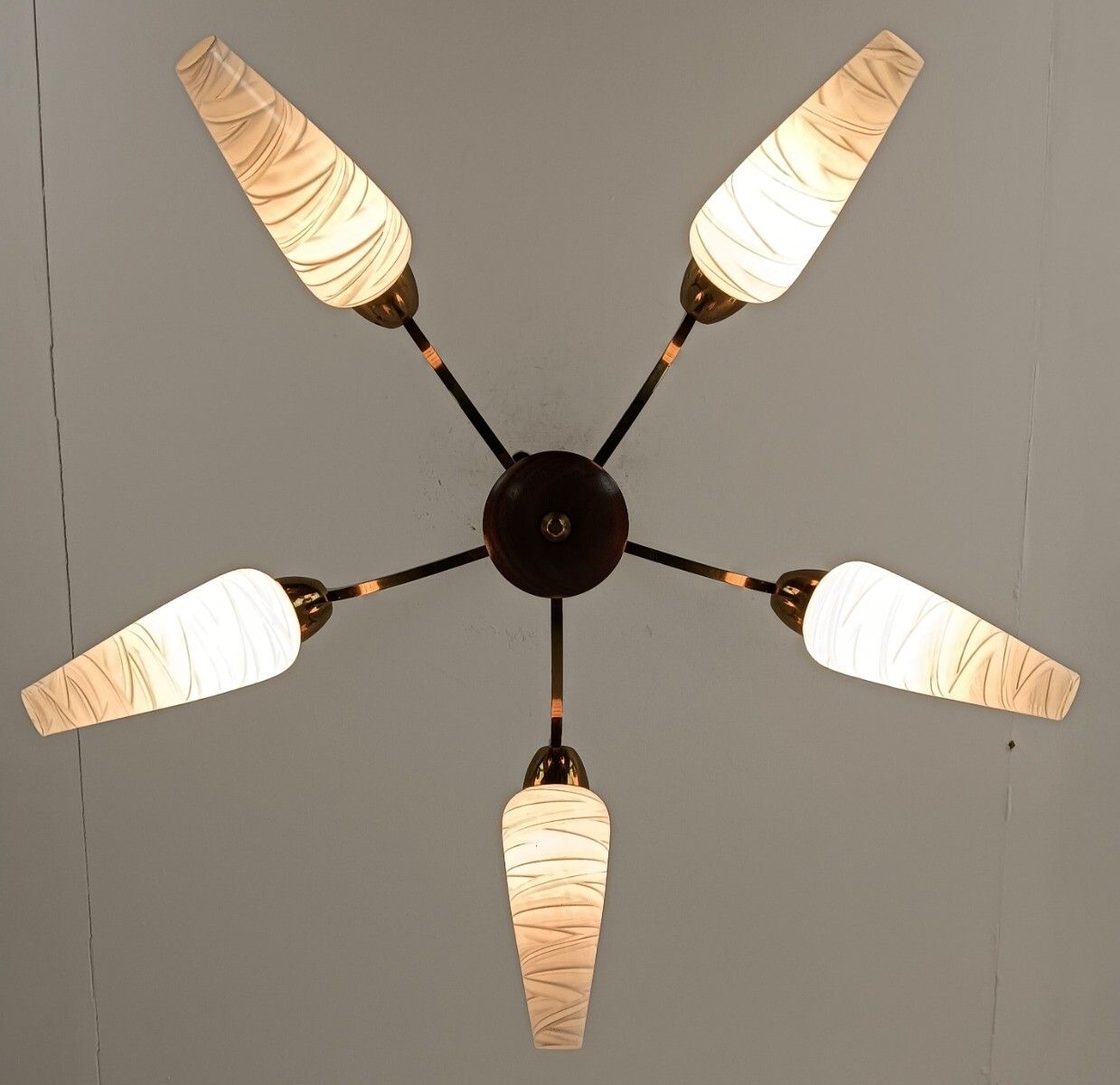 Vintage Spider Retro Chandelier Teak Glass Brass 5 Lights Glass Shades Funky photo vintage
