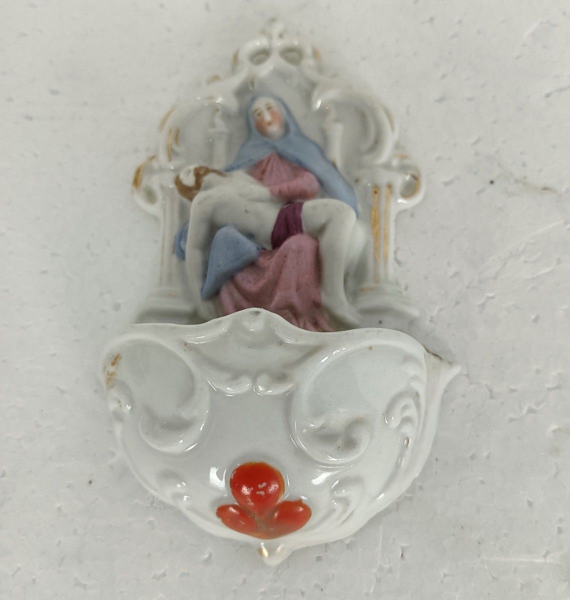 Antique Holy Water Font Vessel Porcelain Pieta Virgin Mary Jesus Christ photo furniture