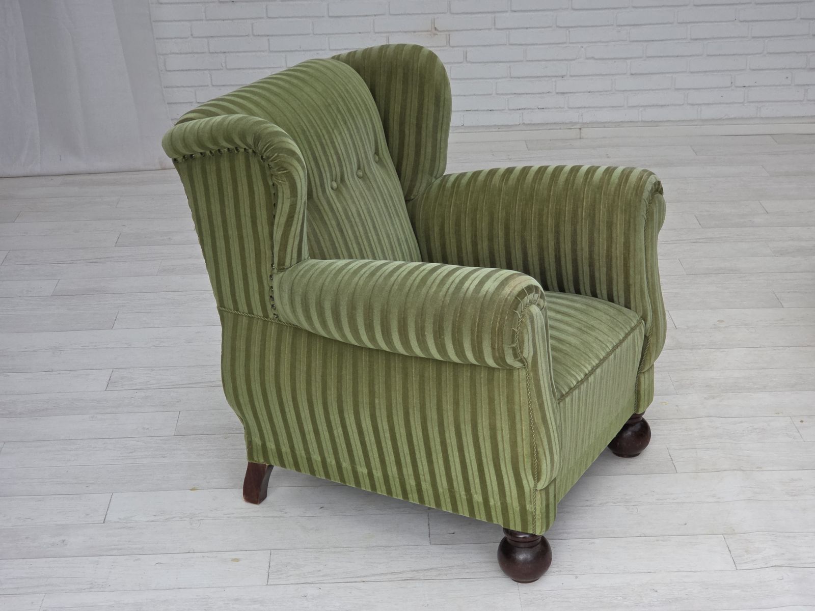 photo for sale 1950s, Danish Relax Armchair, Green Furniture Velour Fabric, Ash Wood Legs.