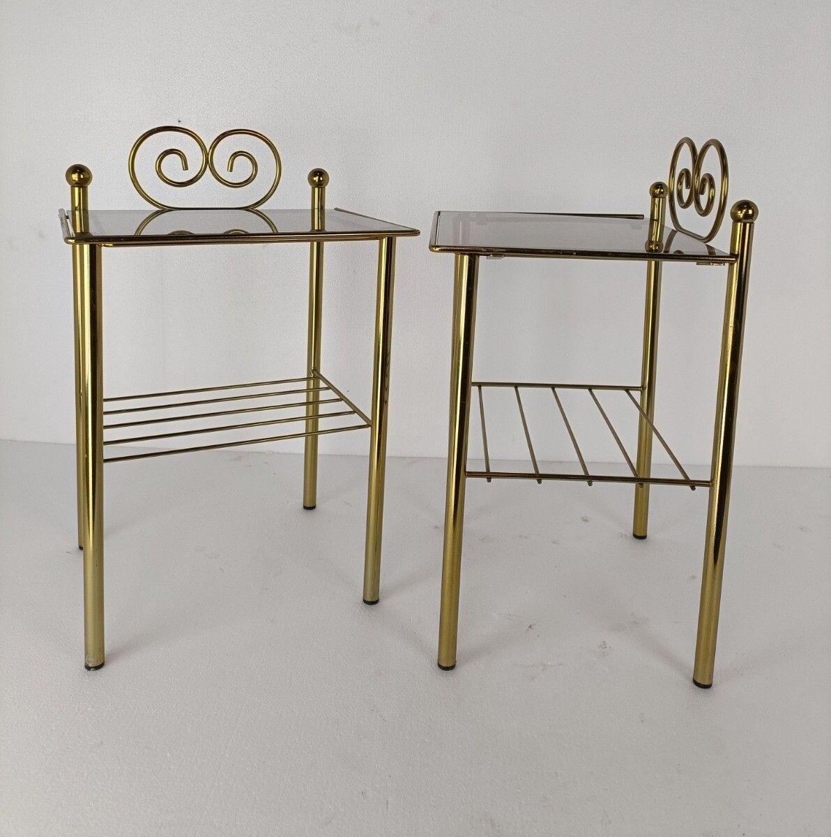 Couple Hollywood Regency Side Occasional Tables Plant Stands Brass Smoked Glass photo for sale