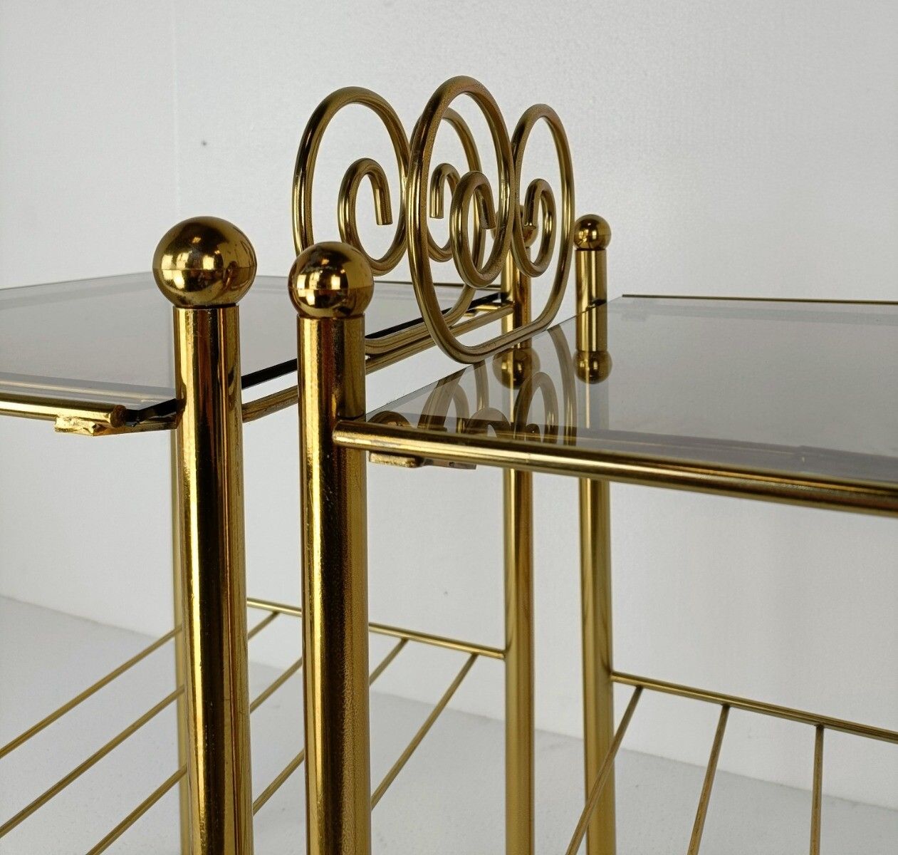 Couple Hollywood Regency Side Occasional Tables Plant Stands Brass Smoked Glass photo vinterior