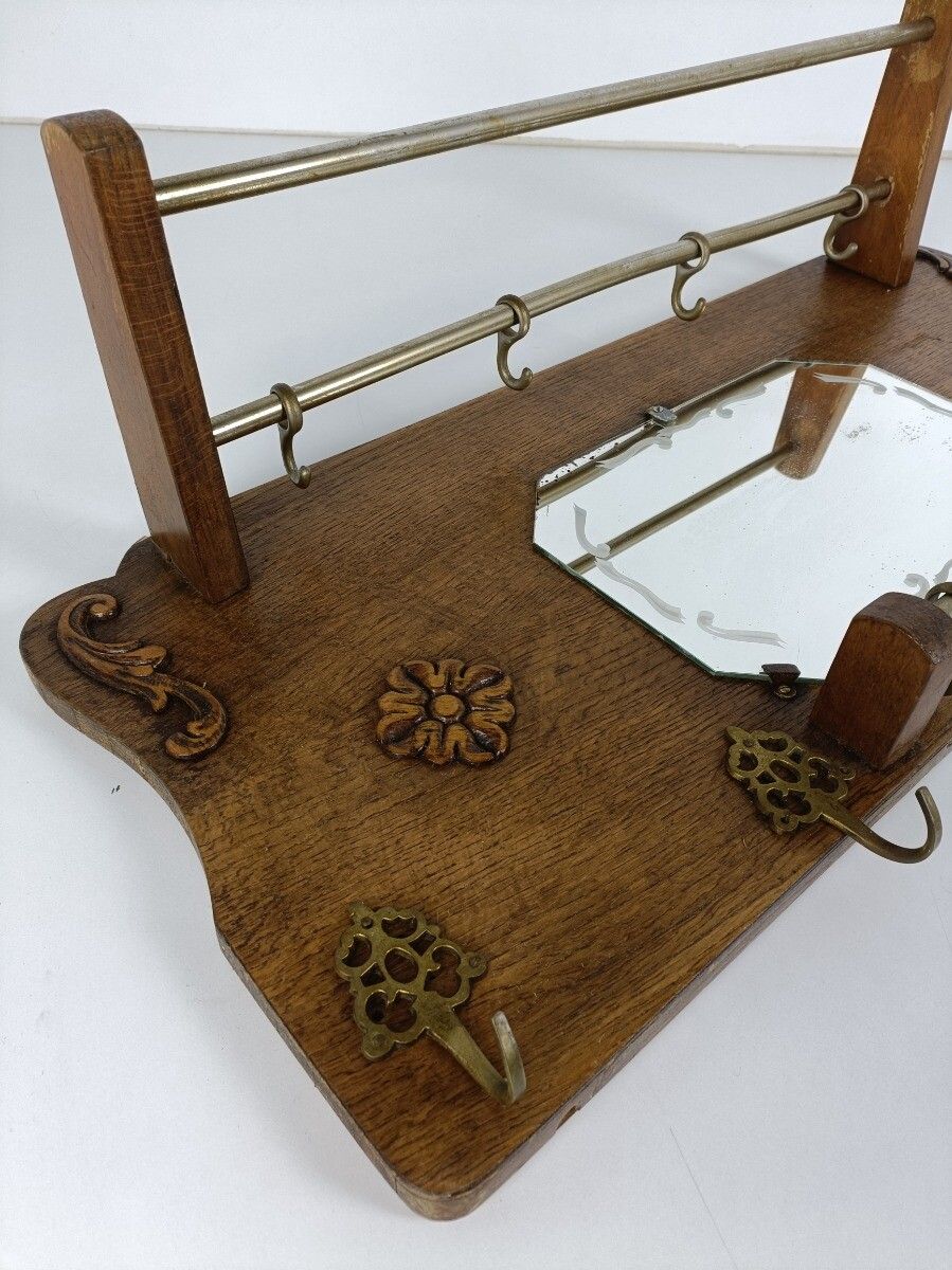 Vintage Wall Coat Rack Mid Century Modern Railroad Industrial  Carved Wood Mirro photo furniture