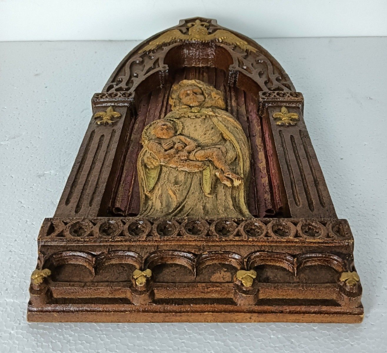 Gothic Gorgeous Wall Hanging French Fleur De Lis Madonna With Infant Jesus Angel photo for sale