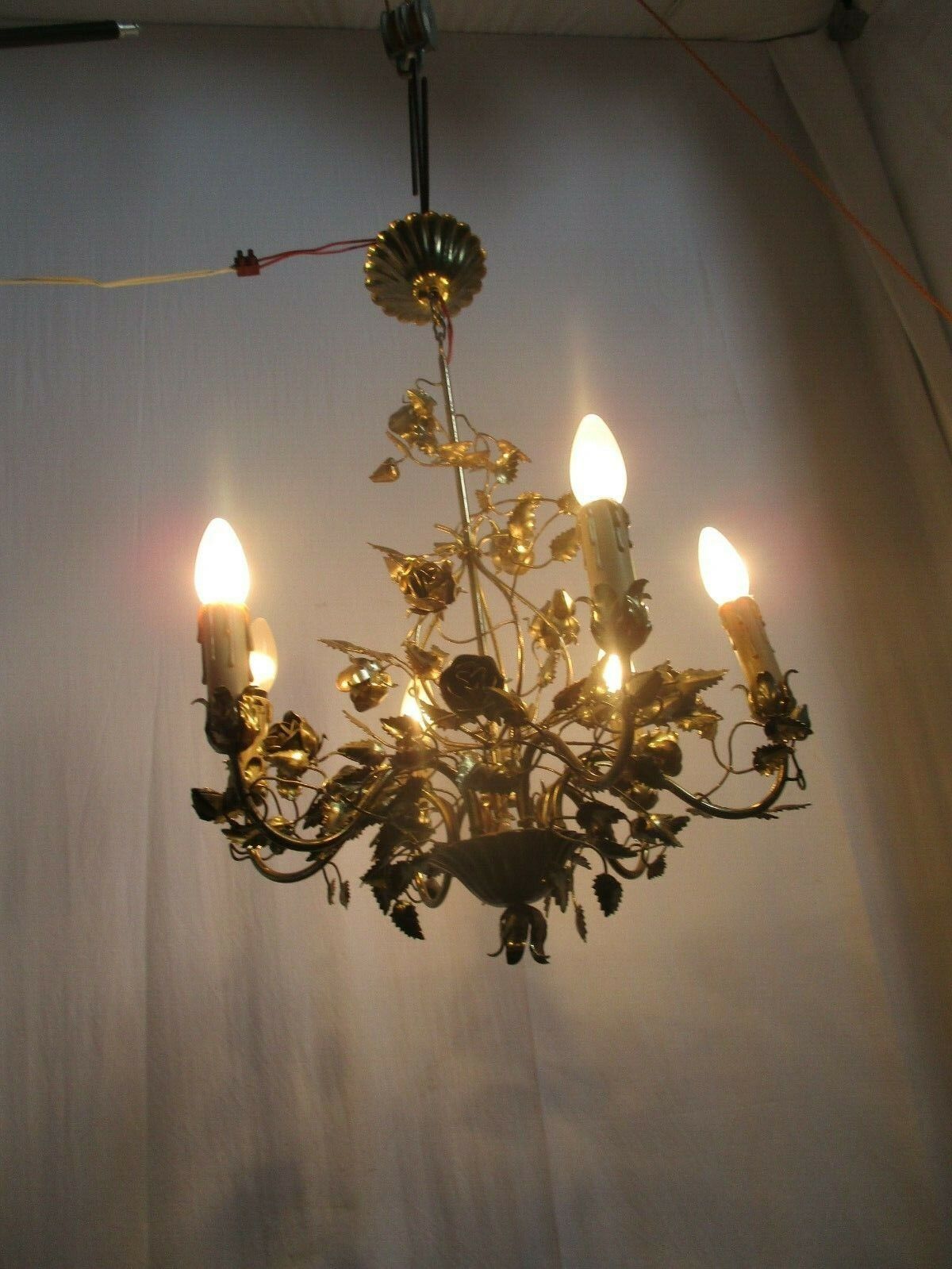 Hollywood Regency Chandelier 6 Lights Brass Flowers Leafs Basket Htf Lovely photo furniture