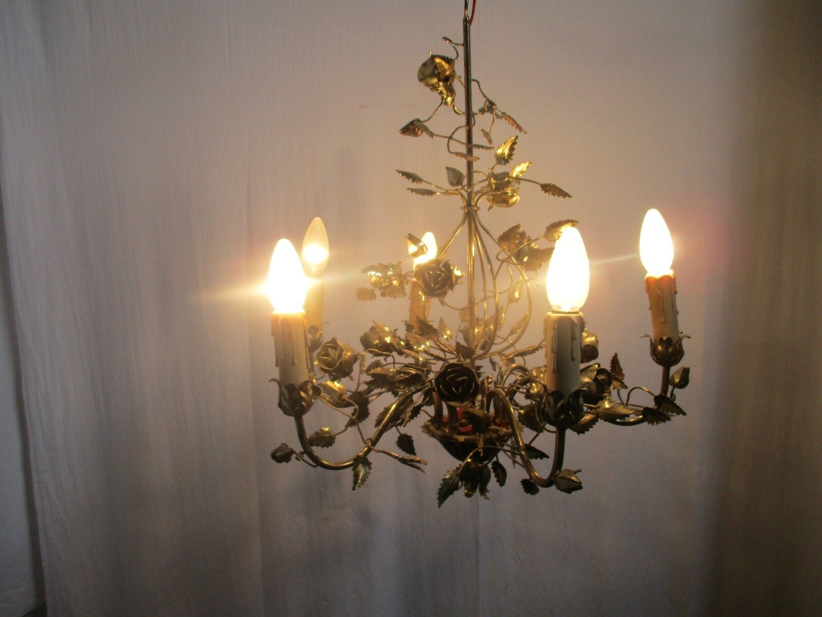 Hollywood Regency Chandelier 6 Lights Brass Flowers Leafs Basket Htf Lovely photo for sale