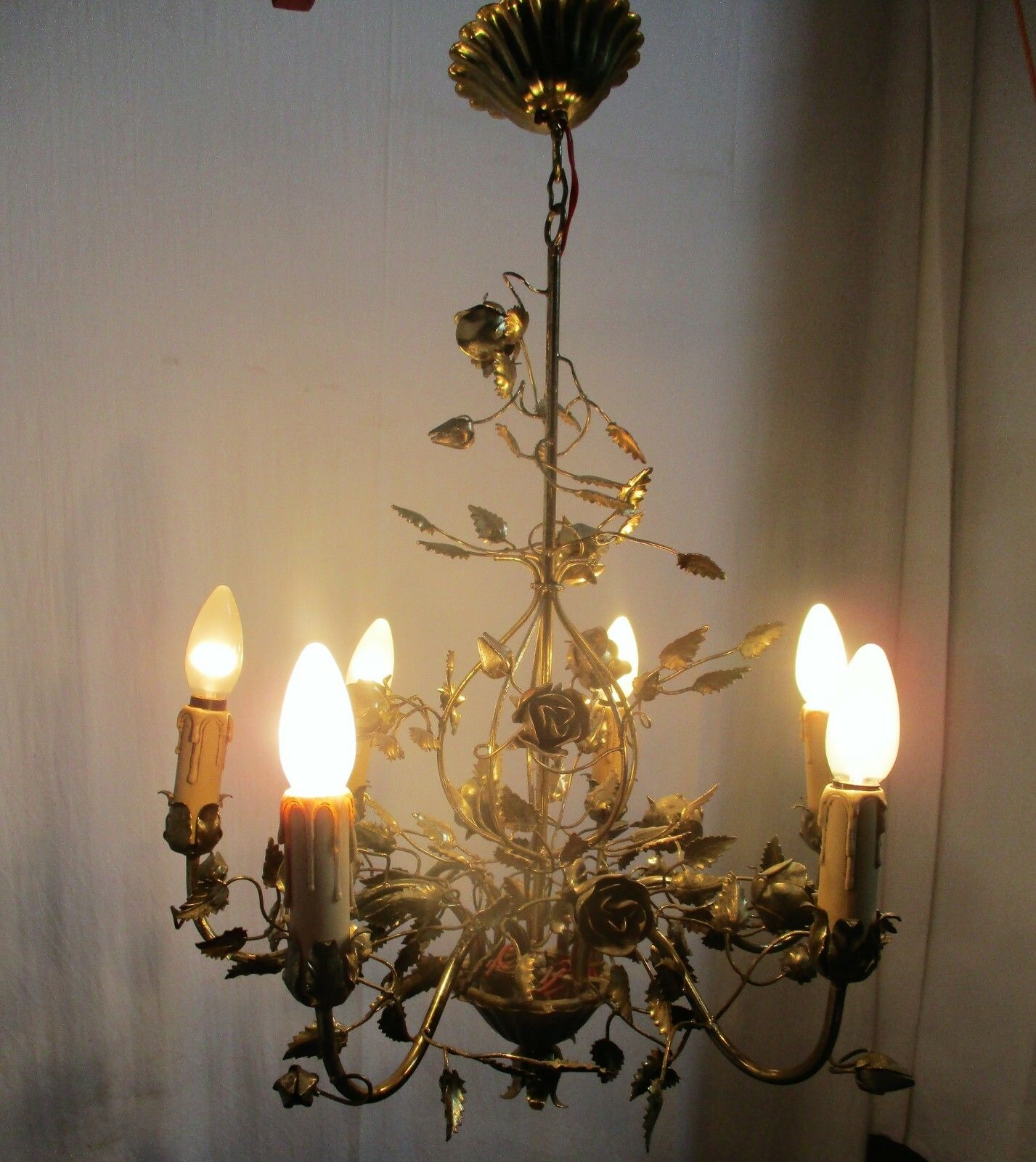 Hollywood Regency Chandelier 6 Lights Brass Flowers Leafs Basket Htf Lovely photo Lighting