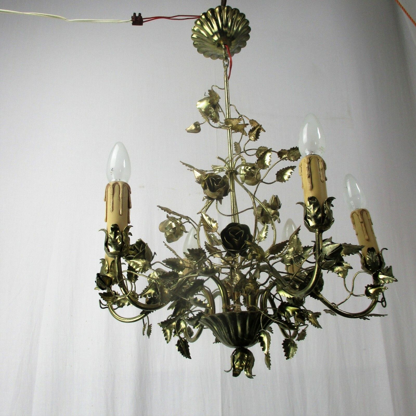 Hollywood Regency Chandelier 6 Lights Brass Flowers Leafs Basket Htf Lovely photo 334.0