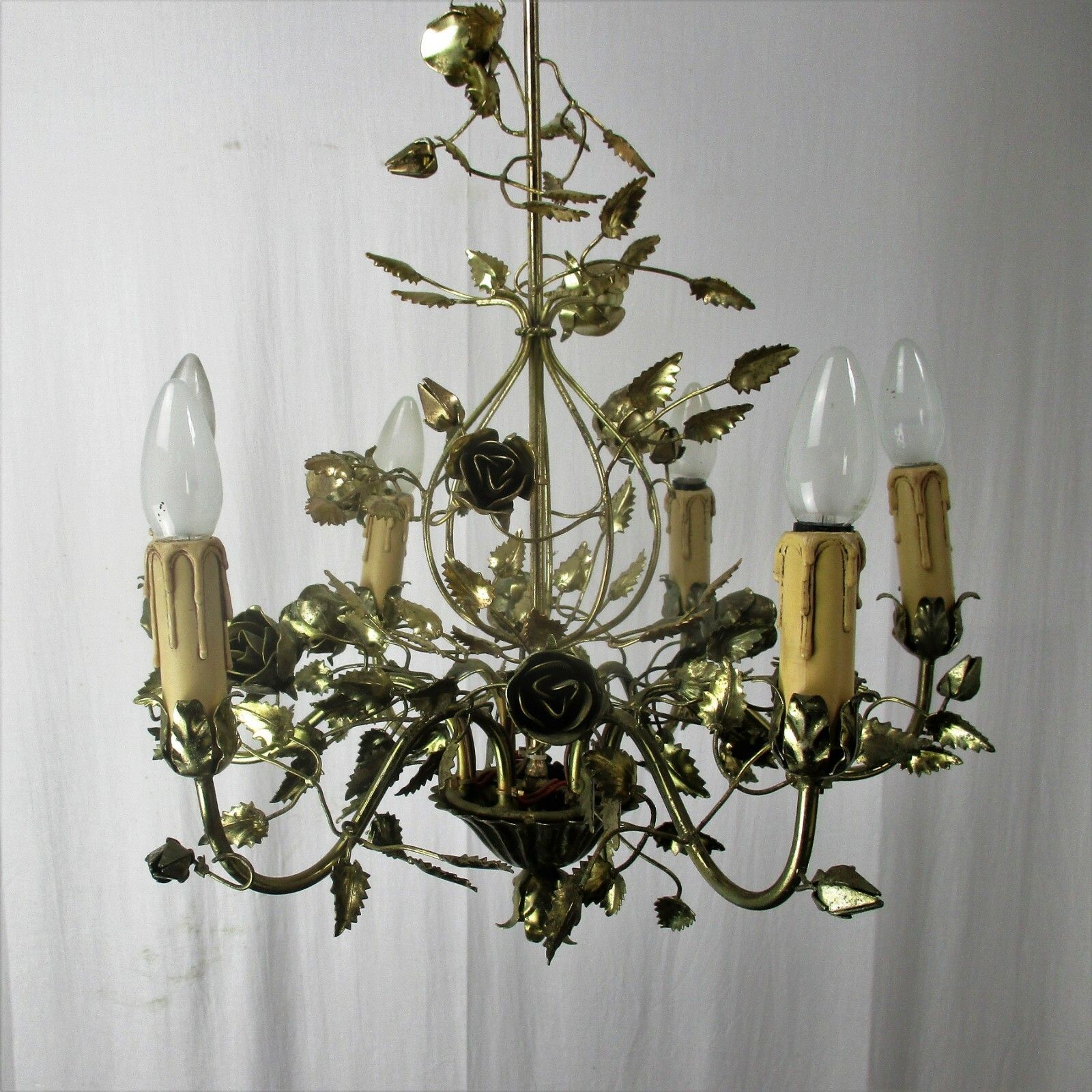 Hollywood Regency Chandelier 6 Lights Brass Flowers Leafs Basket Htf Lovely photo vinterior