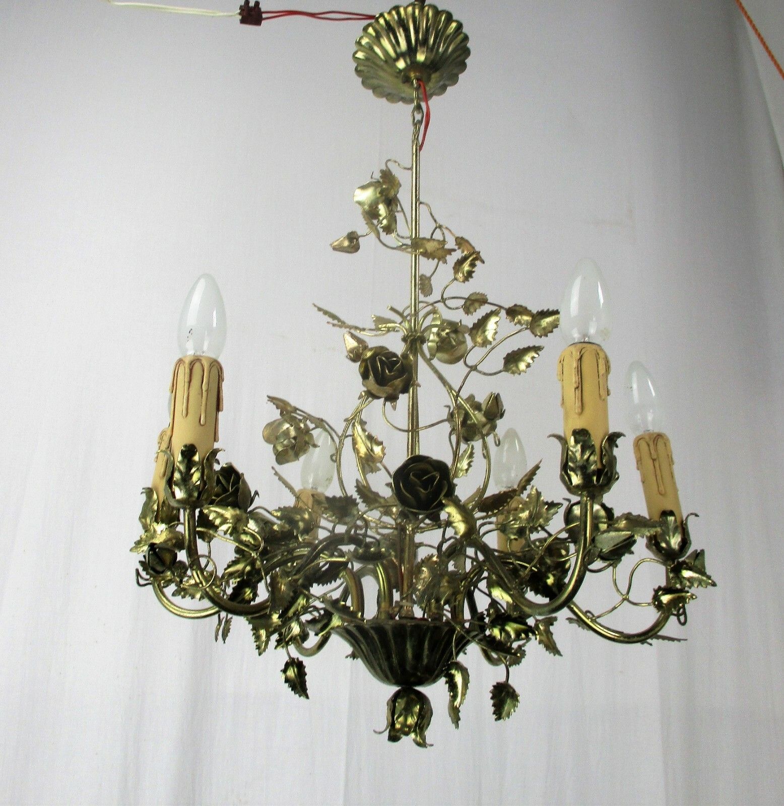 Hollywood Regency Chandelier 6 Lights Brass Flowers Leafs Basket Htf Lovely photo vintage