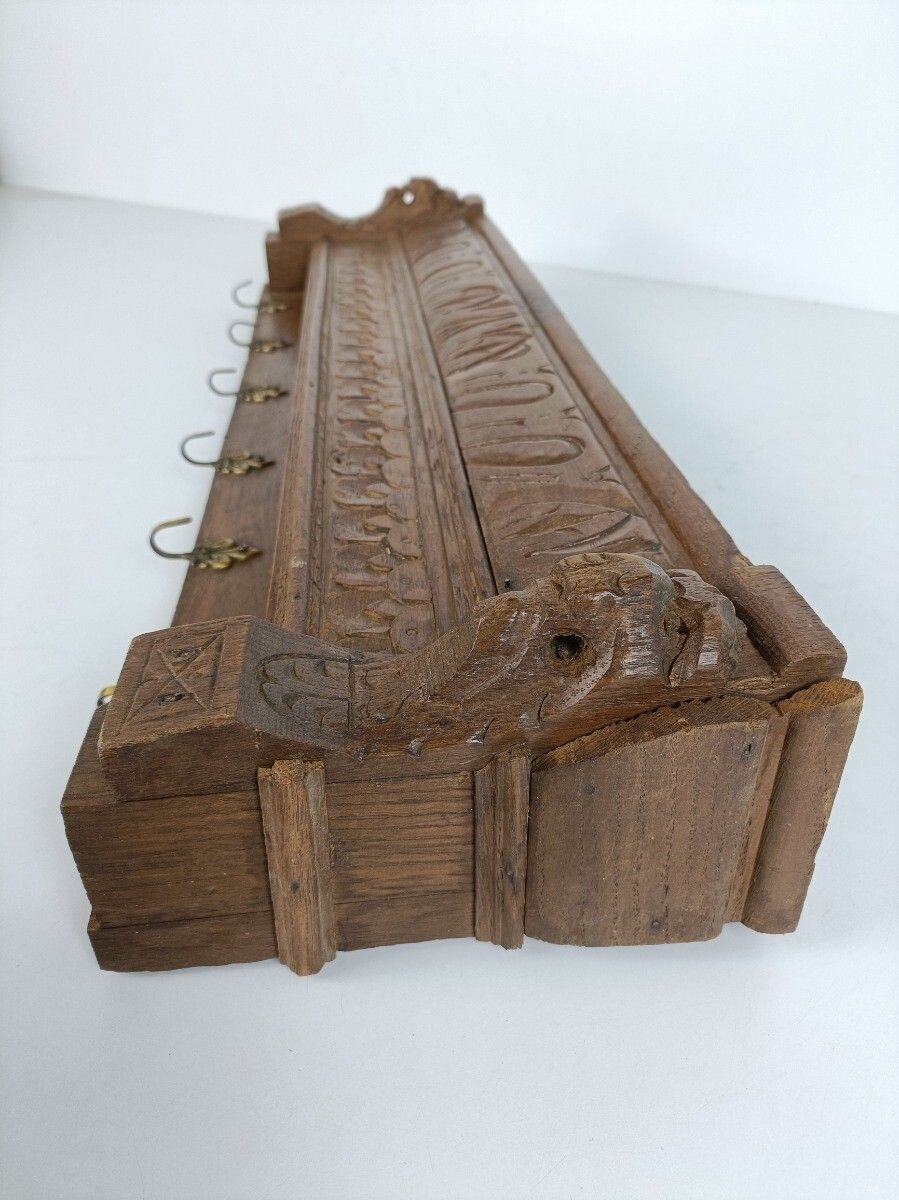 photo for sale Hand Carved Wood Oak Coat Hat Kitchen Hallway Rack Ornate Antique Lion Heads