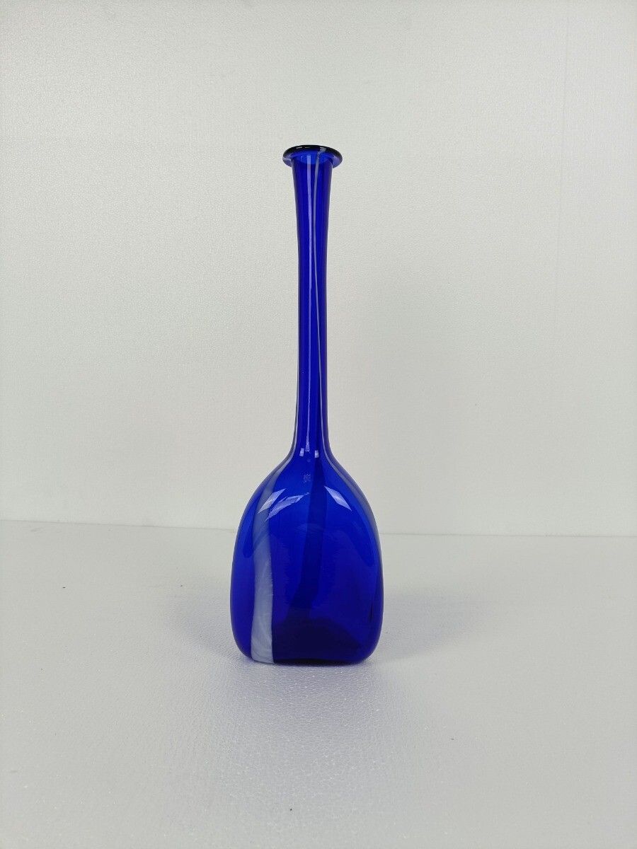 Vintage Retro Art Glass Genie Bottle Vase Cobalt Blue White Lines Extremely Htf photo for sale