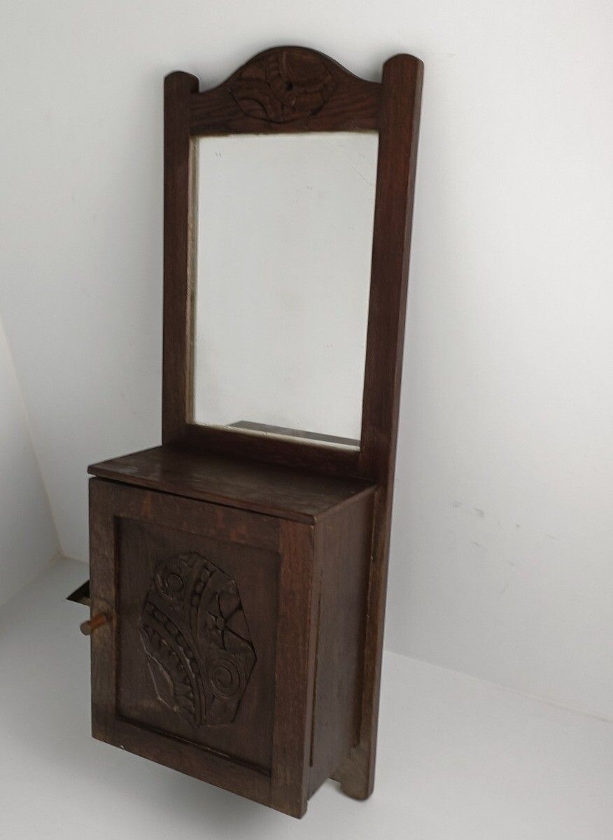 Large Medicine Apothecary Cabinet Hand Carved Wood Beveled Glass Farmhouse Style photo furniture