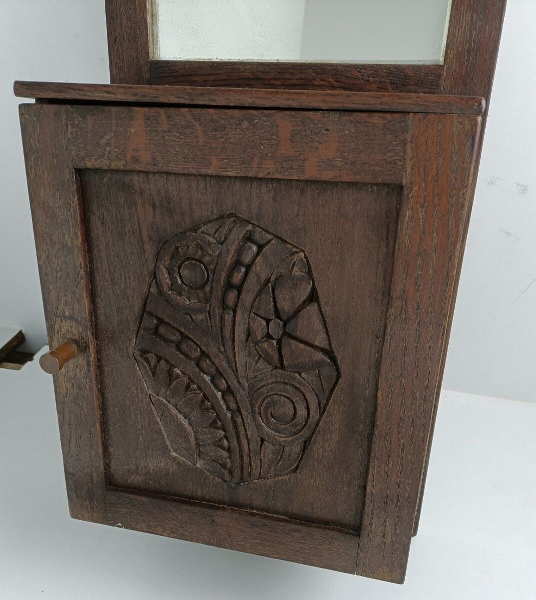 Large Medicine Apothecary Cabinet Hand Carved Wood Beveled Glass Farmhouse Style photo for sale