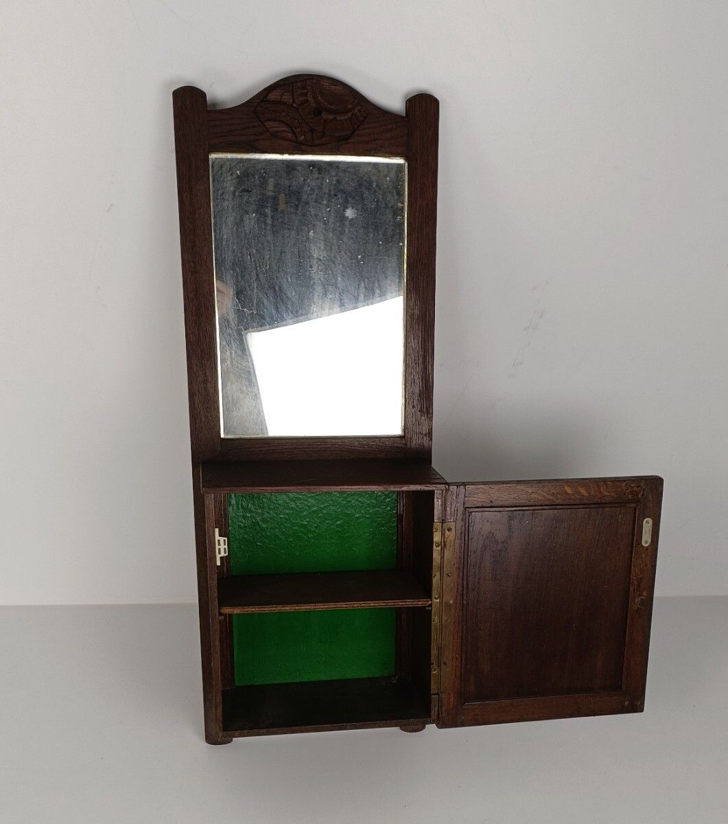 Large Medicine Apothecary Cabinet Hand Carved Wood Beveled Glass Farmhouse Style photo vintage