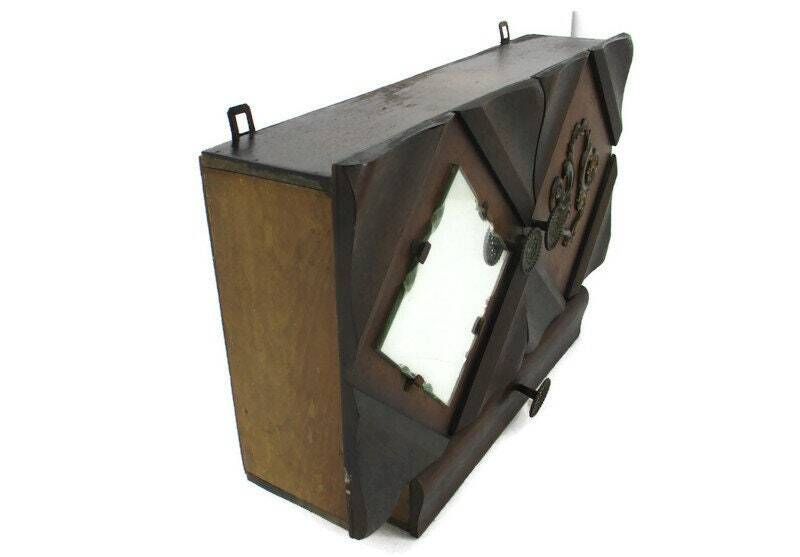 Large Apothecary Bathroom Medicine Kitchen Cabinet Wood Art Deco Cut Glass