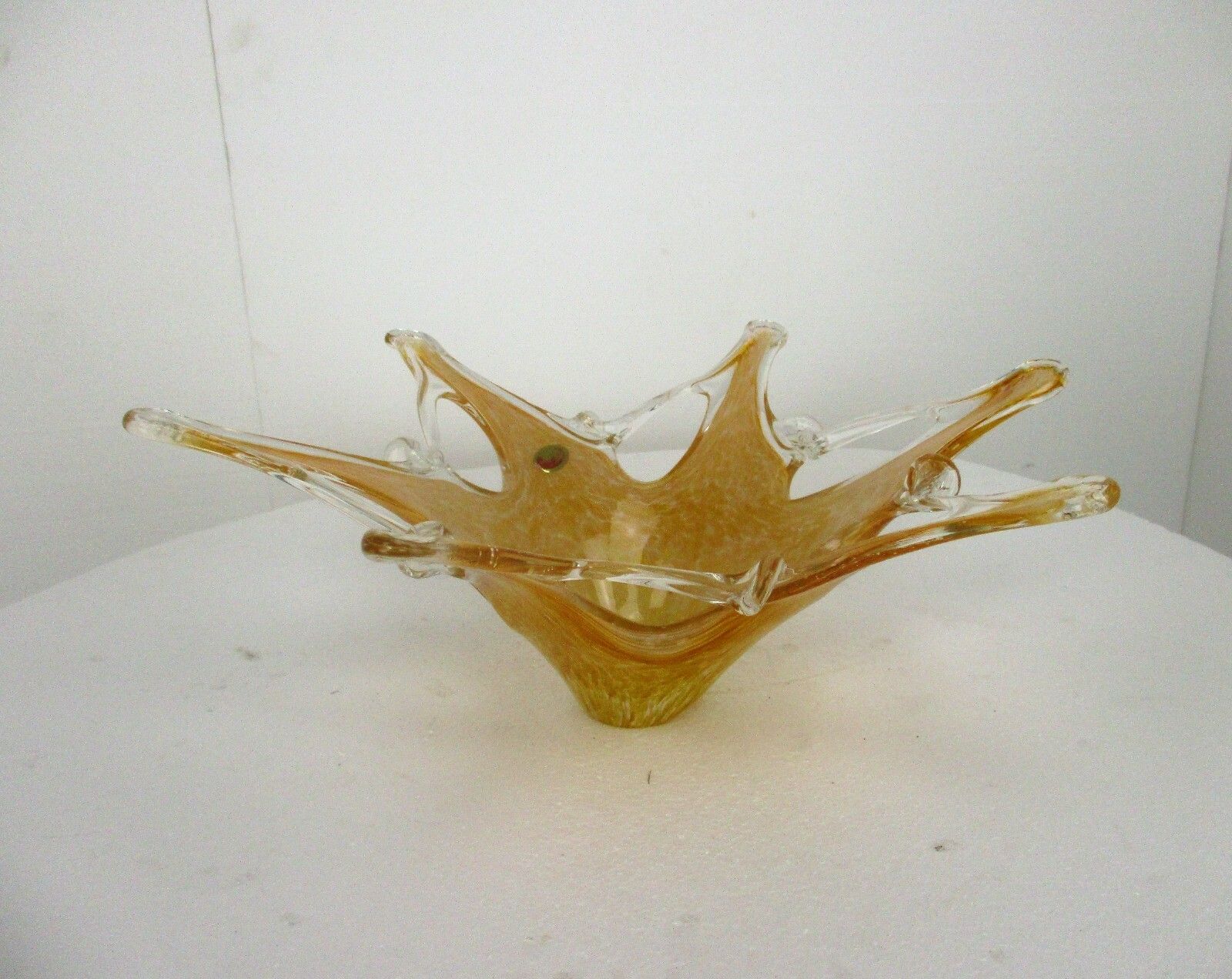 Large  Italian Art Glass Amber Yellow Star Bowl Dish Centerpiece Murano Basket