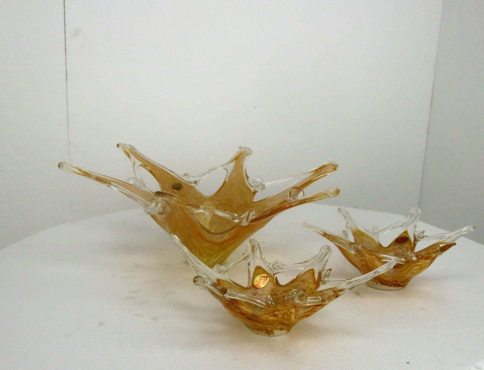 Large  Italian Art Glass Amber Yellow Star Bowl Dish Centerpiece Murano Basket photo vintage