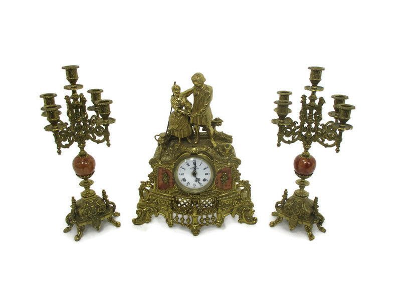 3 Piece Garniture Mantle Set 5 Arm Candelabras Clock Lancini Italy Brass Marble