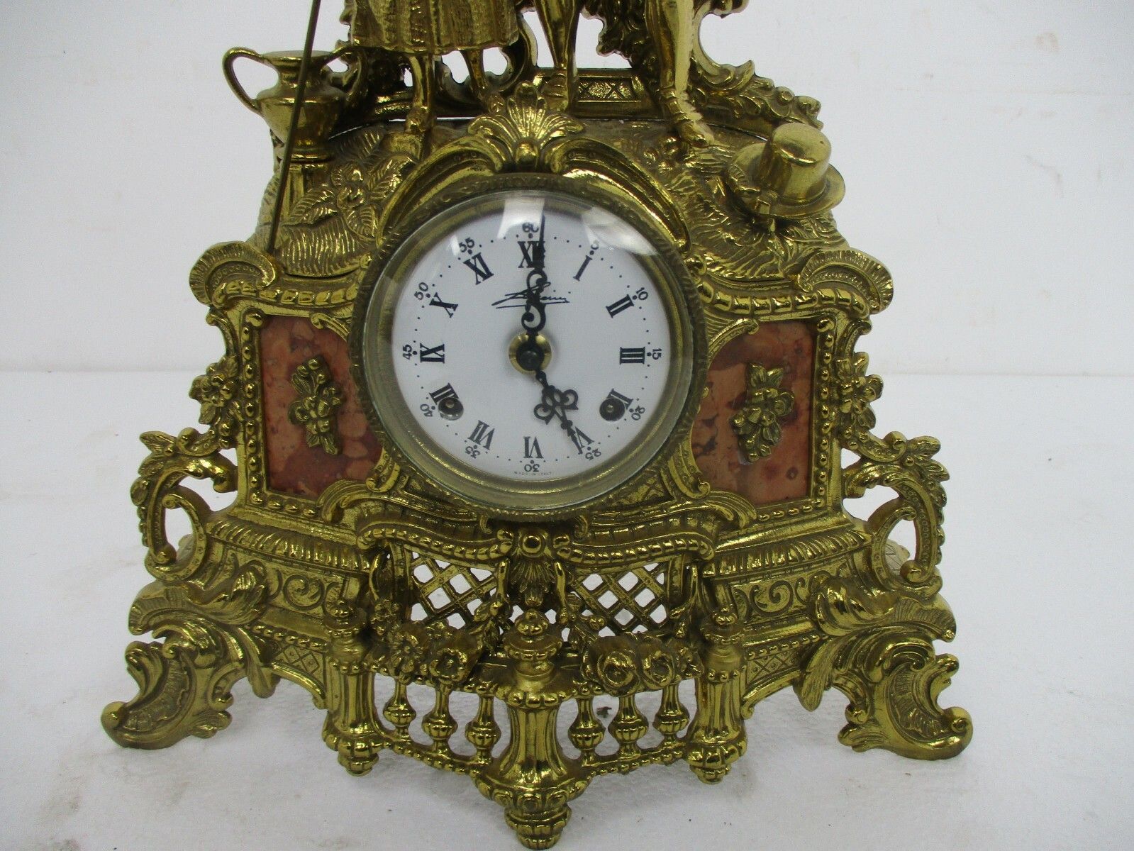 3 Piece Garniture Mantle Set 5 Arm Candelabras Clock Lancini Italy Brass Marble photo vintage