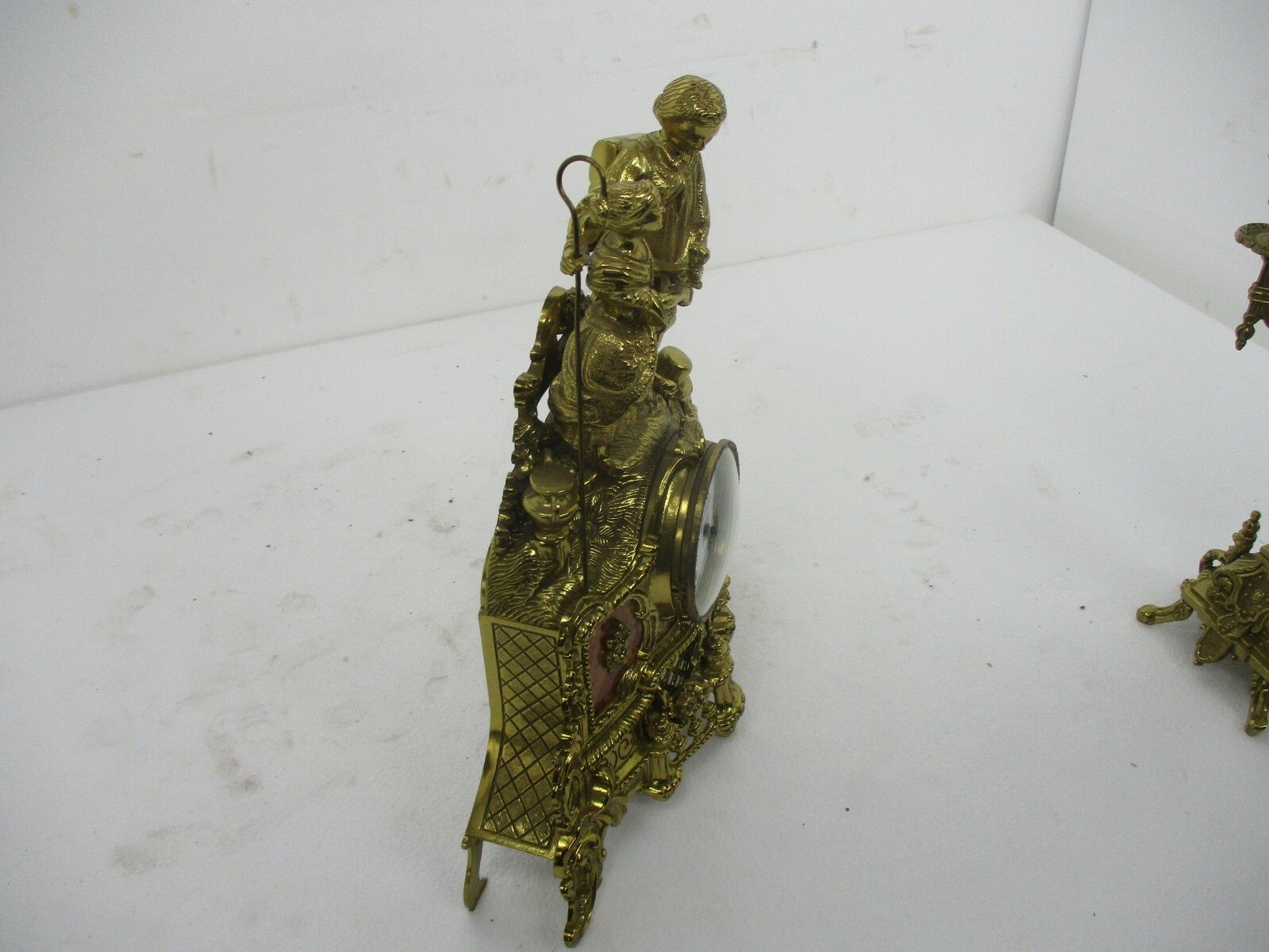 photo furniture 3 Piece Garniture Mantle Set 5 Arm Candelabras Clock Lancini Italy Brass Marble