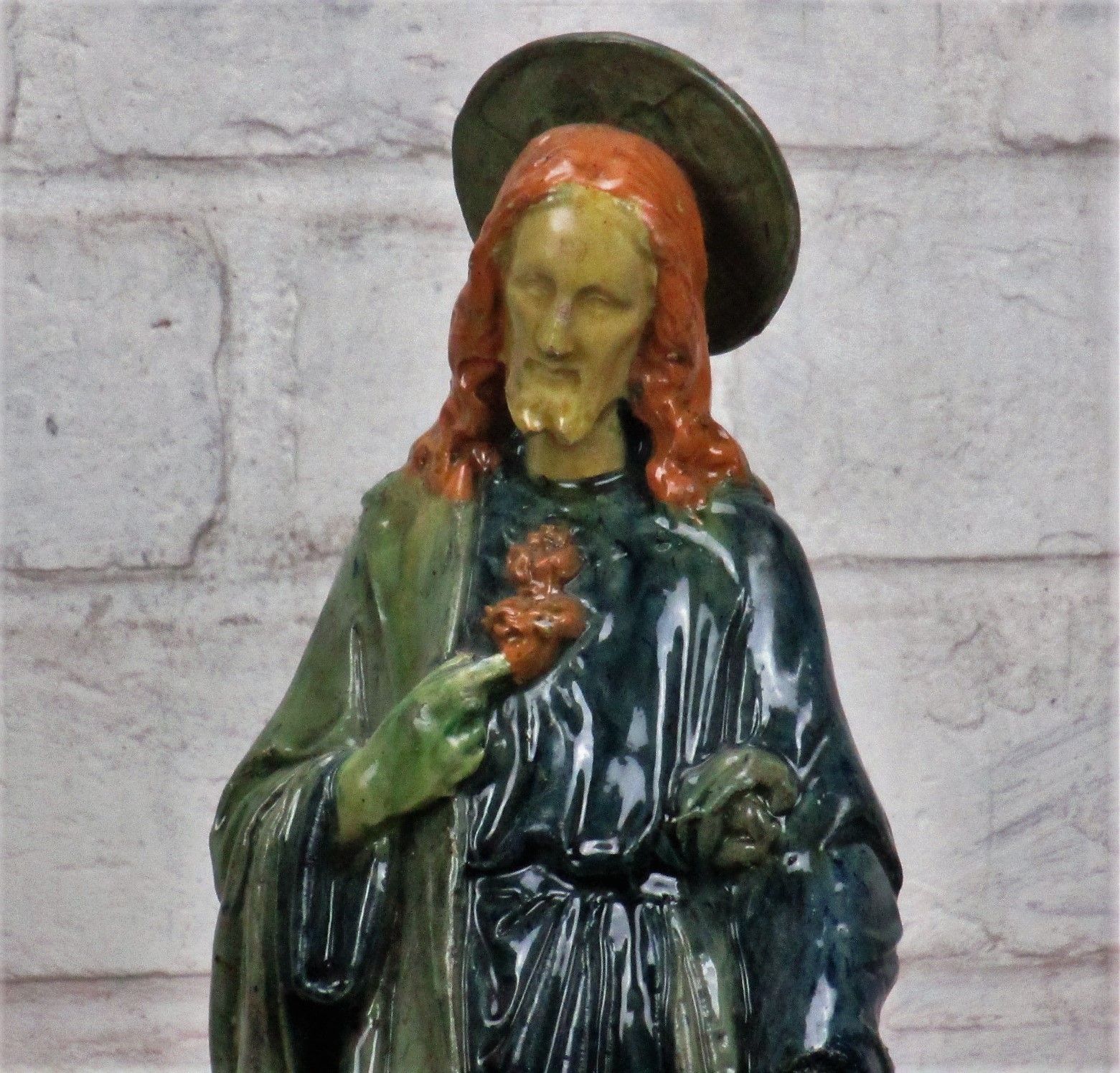 Large Statue Flanders Flemish Pottery Holy Heart Jesus Christ Majolica 15.35" photo furniture