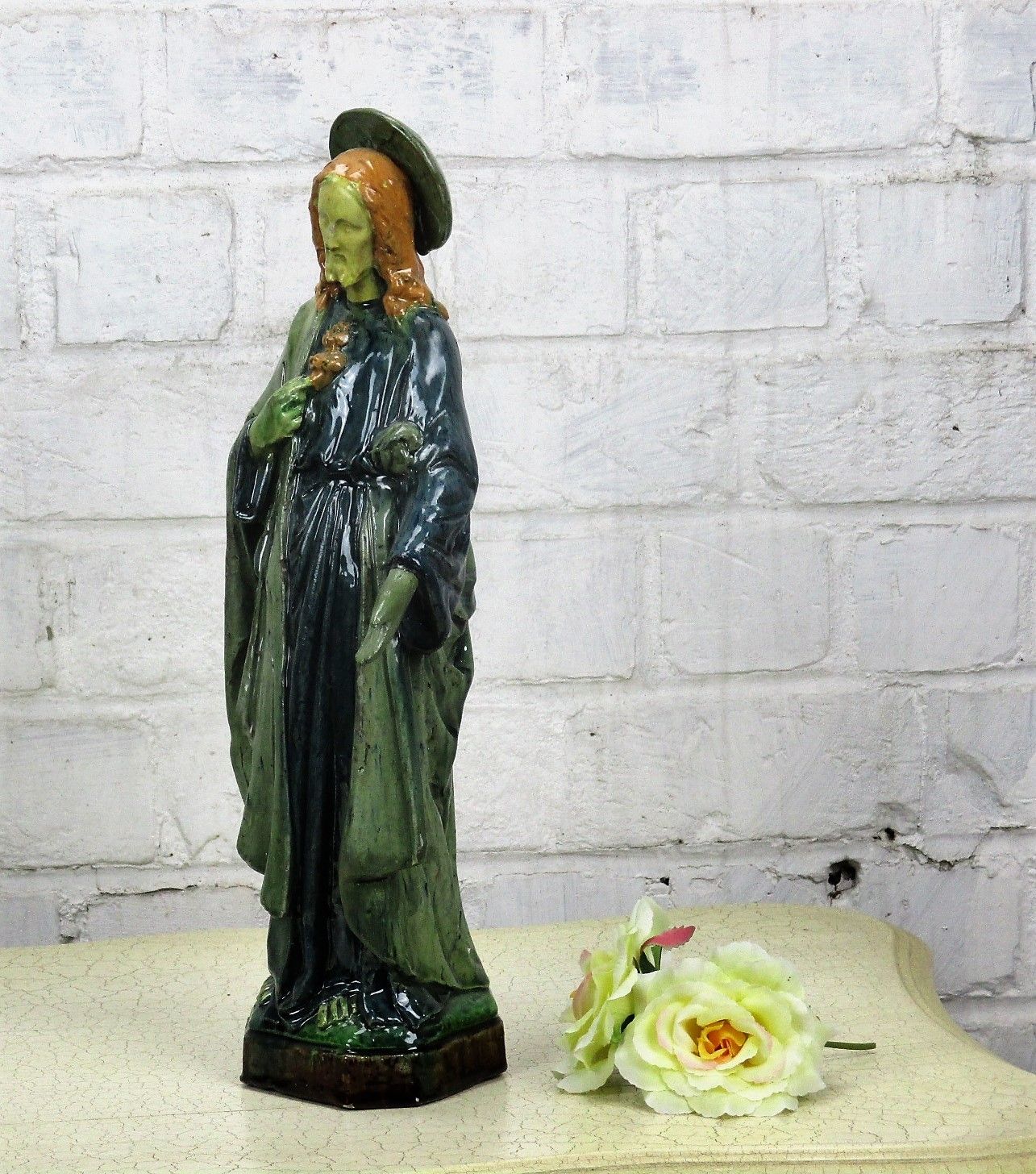 Large Statue Flanders Flemish Pottery Holy Heart Jesus Christ Majolica 15.35" photo Art